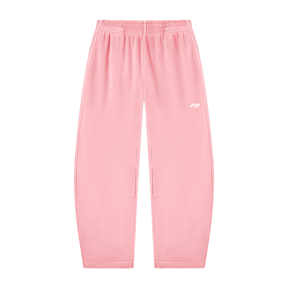 Light pink sweatpants with an elastic waistband and a small white logo on the left thigh, shown flat against a white background.