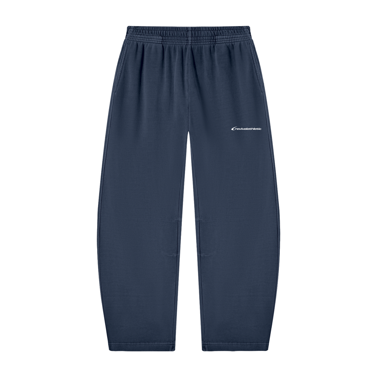 A pair of dark navy blue sweatpants with an elastic waistband and a small white embroidered logo on the left thigh, shown against a plain white background.