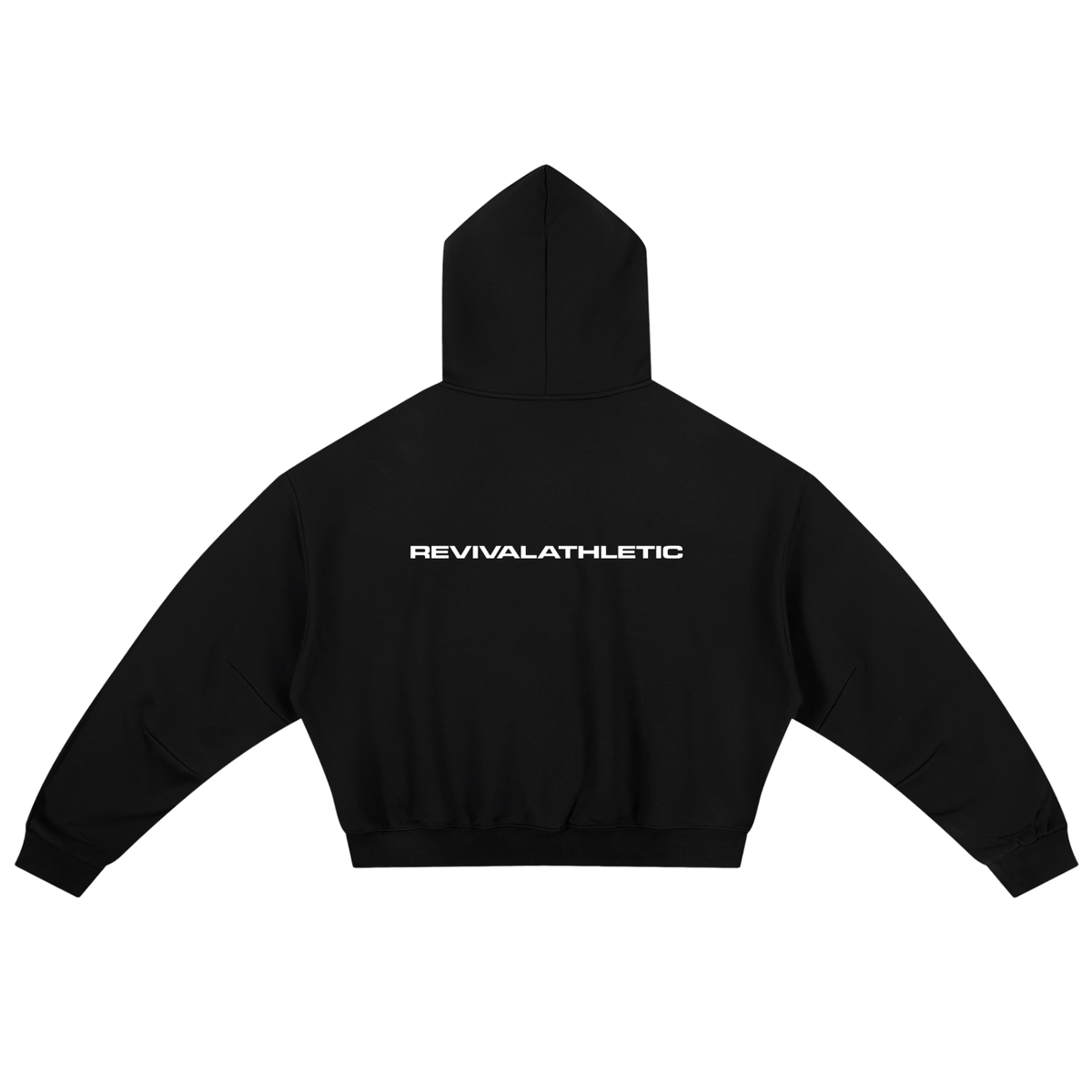 Black hoodie with 'REVIVALATHLETIC' text on a white background