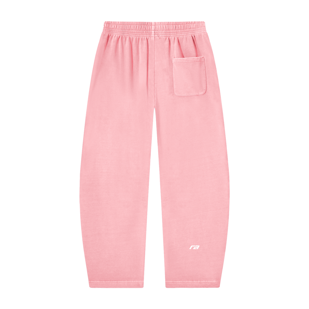 Light pink sweatpants with an elastic waistband, a side pocket on the right leg, and a small white logo near the lower left leg, shown against a plain white background.