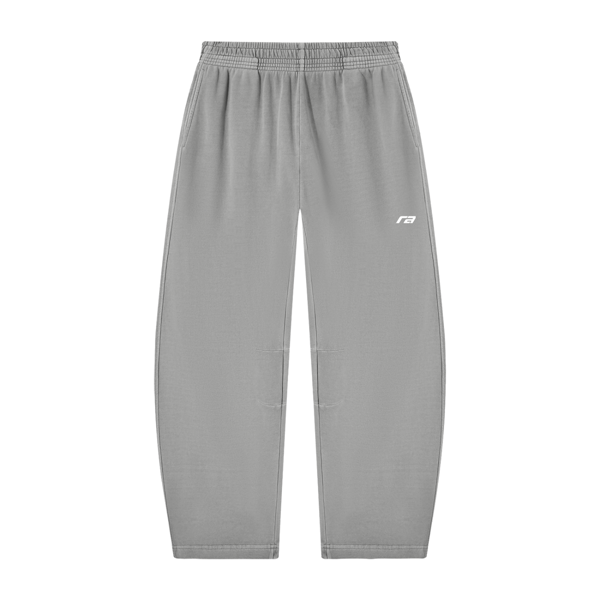 Light gray fleece jogger pants with an elastic waistband and a small white stylized logo on the left hip, shown flat against a white background.