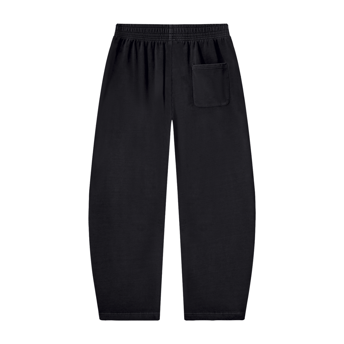 Black wide-leg sweatpants with an elastic waistband and a side pocket, shown flat on a white background.