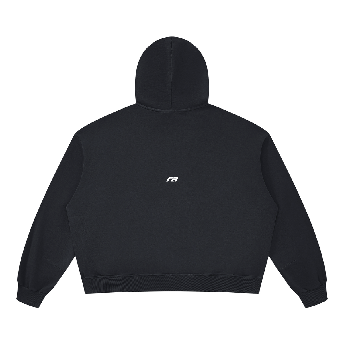 A black cropped hoodie shown from the back, featuring a small white 'rb' logo centered on the upper back, set against a plain white background.