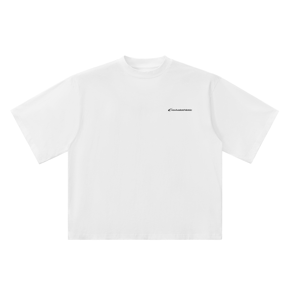 White t-shirt with black text on a white background
