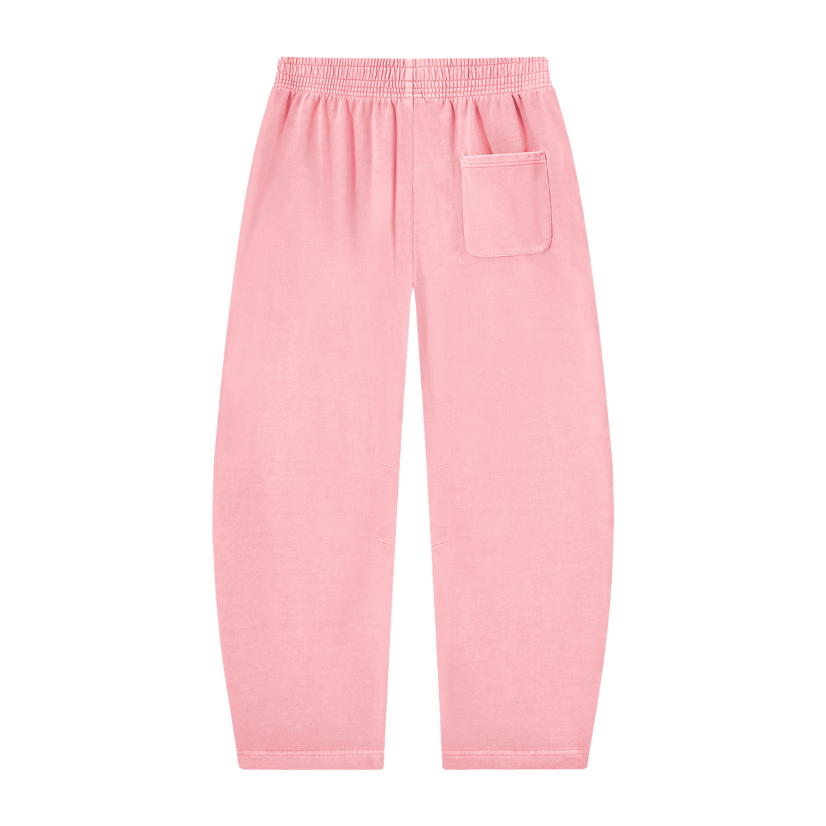 Light pink lounge pants with an elastic waistband, a side pocket, and ribbed cuffs, shown flat on a white background.