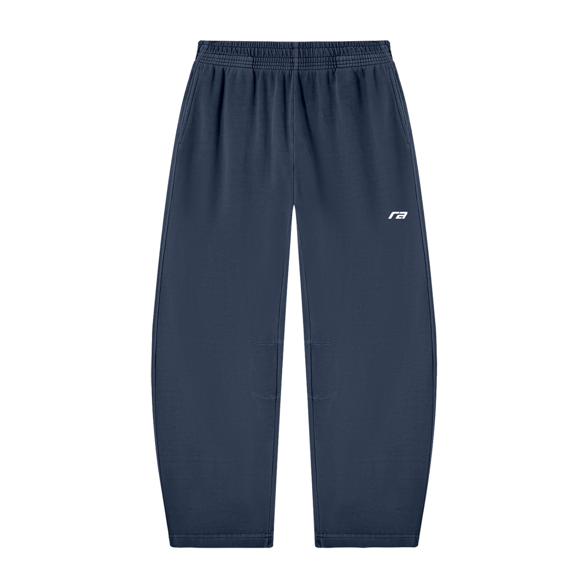 A pair of navy blue athletic jogger pants with an elastic waistband and a small white logo on the left thigh, shown against a plain white background.