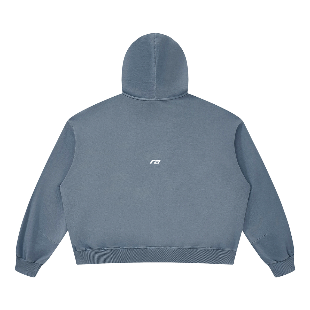 A dusty blue cropped hoodie shown from the back, featuring a small gold embroidered bunny logo centered below the neckline, set against a plain white background.