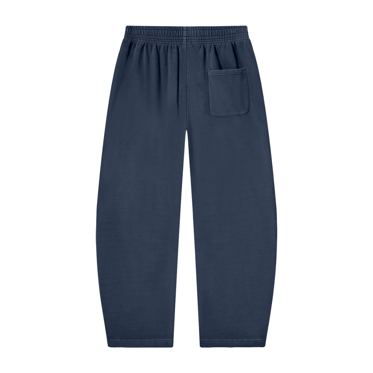 A pair of dark navy blue lounge pants with an elastic waistband and a side pocket, shown flat against a plain white background.